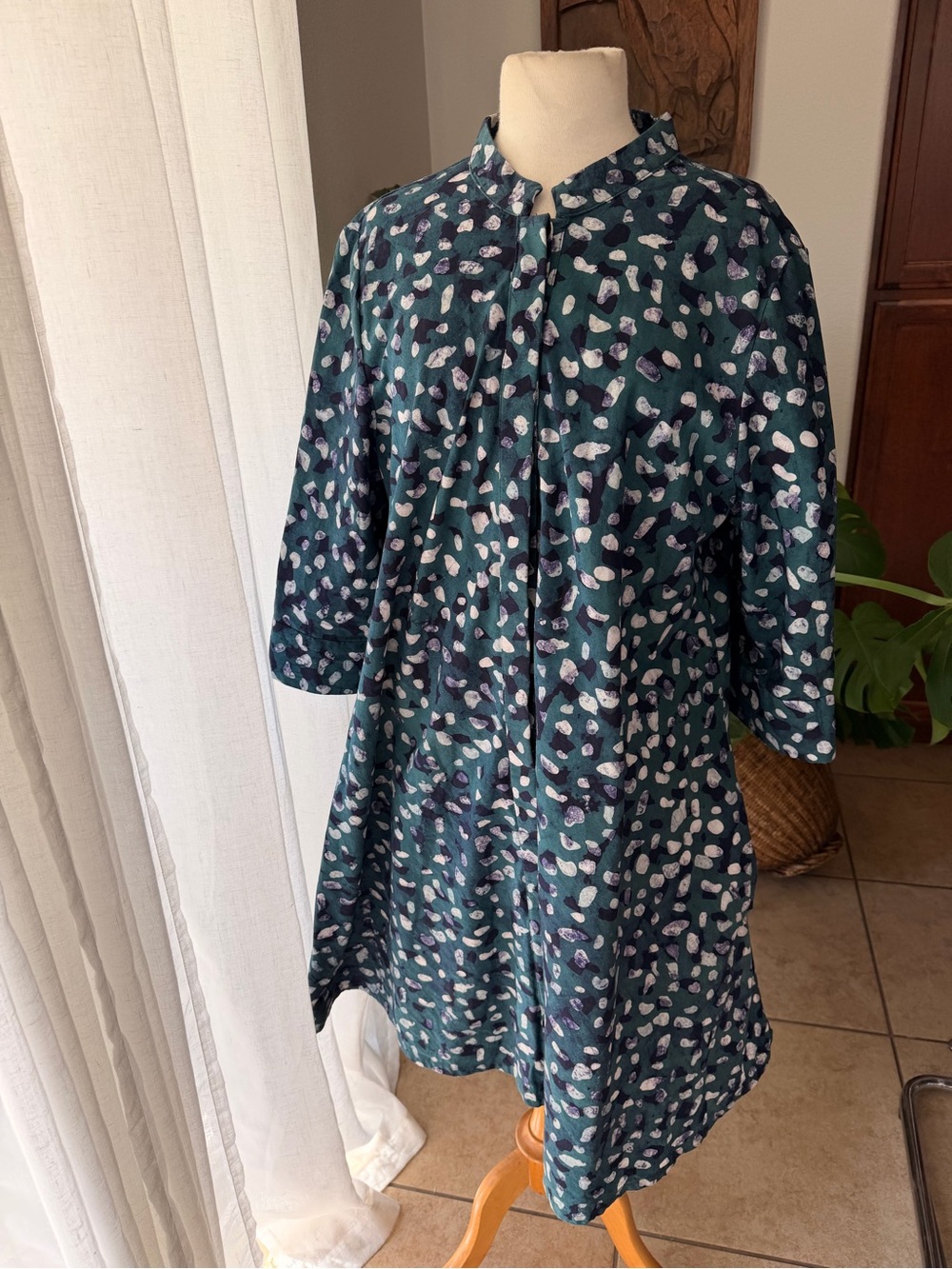 Zuri Cotton Shirt Dress XL Green Abstract Print Pockets